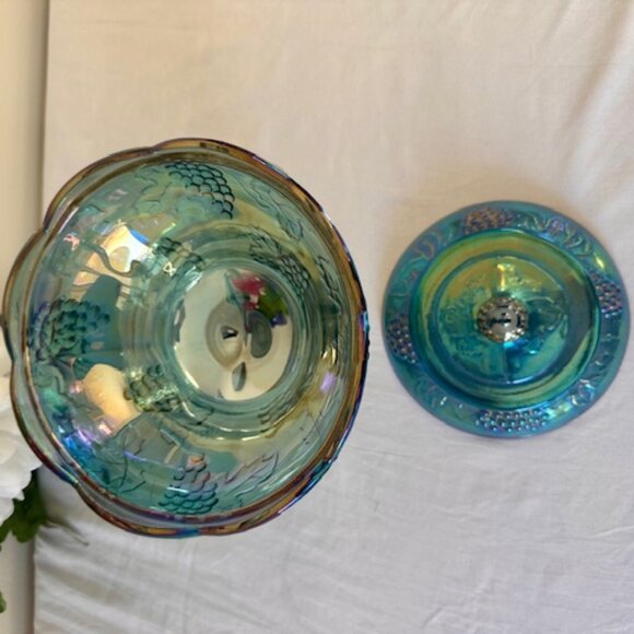 Vintage Blue Carnival Glass Compote with Lid Grape Pattern Iridescent Luster Fin - Picture 5 of 5